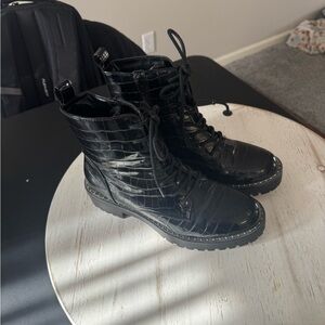 Glossy Black Croc-Embossed Lace-Up Boots